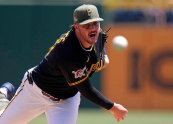 Pittsburgh Pirates pitcher Paul Skenes delivers during the first inning of a baseball game against the Philadelphia Phillies in Pittsburgh, Sunday, May 17, 2026. (AP Photo/Gene J. Puskar)