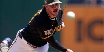 Pittsburgh Pirates pitcher Paul Skenes delivers during the first inning of a baseball game against the Philadelphia Phillies in Pittsburgh, Sunday, May 17, 2026. (AP Photo/Gene J. Puskar)