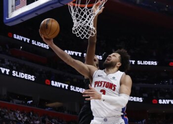 Cade Cunningham, who scored a team-high 23 points, goes up for a layup during the Pistons' 111-101 Game 1 win over the Cavaliers in their second-round playoff series on May 5, 2026 in Detroit.