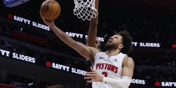 Cade Cunningham, who scored a team-high 23 points, goes up for a layup during the Pistons' 111-101 Game 1 win over the Cavaliers in their second-round playoff series on May 5, 2026 in Detroit.
