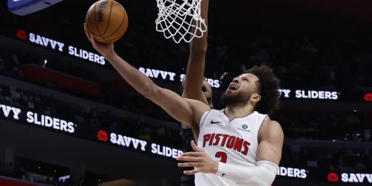 Cade Cunningham, who scored a team-high 23 points, goes up for a layup during the Pistons' 111-101 Game 1 win over the Cavaliers in their second-round playoff series on May 5, 2026 in Detroit.