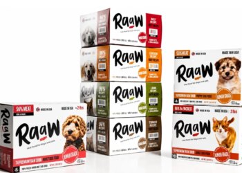 Stacked boxes of Raaw dog food in various flavors and sizes.