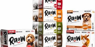 Stacked boxes of Raaw dog food in various flavors and sizes.