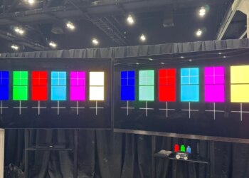 An RGB LED TV next to an SQD TV at the Nanosys booth during Display Week 2026.