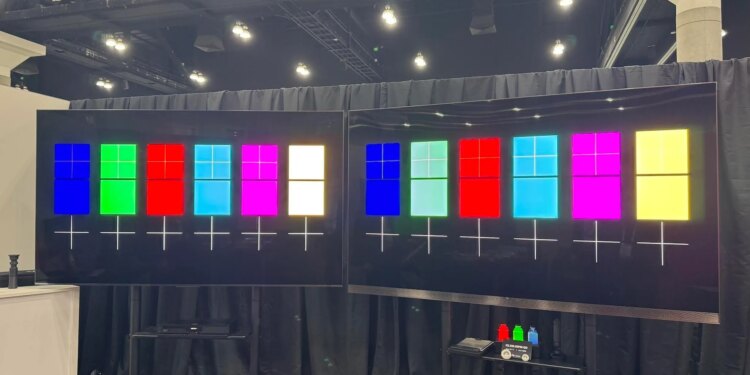 An RGB LED TV next to an SQD TV at the Nanosys booth during Display Week 2026.