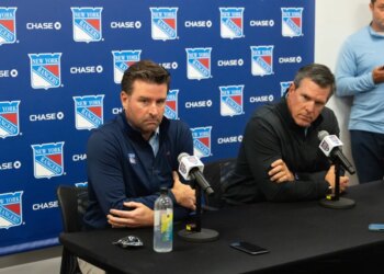 New York Rangers GM Chris Drury and head coach Mike Sullivan at a press conference.