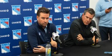 New York Rangers GM Chris Drury and head coach Mike Sullivan at a press conference.