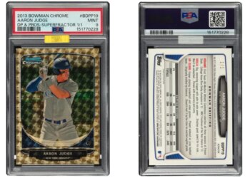 Baseball trading card of Aaron Judge, 2013 Bowman Chrome, DP & Pros-Superfractor 1/1, graded Mint 9 by PSA.