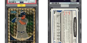 Baseball trading card of Aaron Judge, 2013 Bowman Chrome, DP & Pros-Superfractor 1/1, graded Mint 9 by PSA.