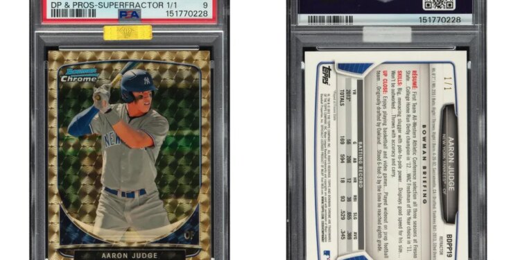 Baseball trading card of Aaron Judge, 2013 Bowman Chrome, DP & Pros-Superfractor 1/1, graded Mint 9 by PSA.