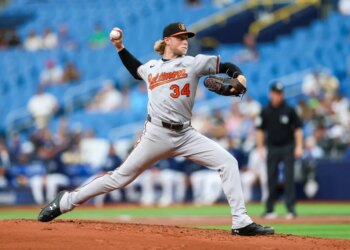 Baltimore Orioles pitcher Shane Baz throws a pitch.