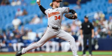 Baltimore Orioles pitcher Shane Baz throws a pitch.