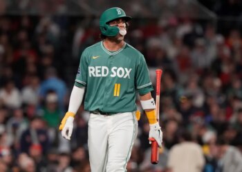 Boston Red Sox player Marcelo Mayer walks off the field after striking out.