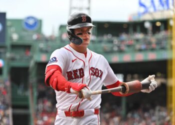Boston Red Sox designated hitter Roman Anthony (19) warming up before batting against the Houston Astros.