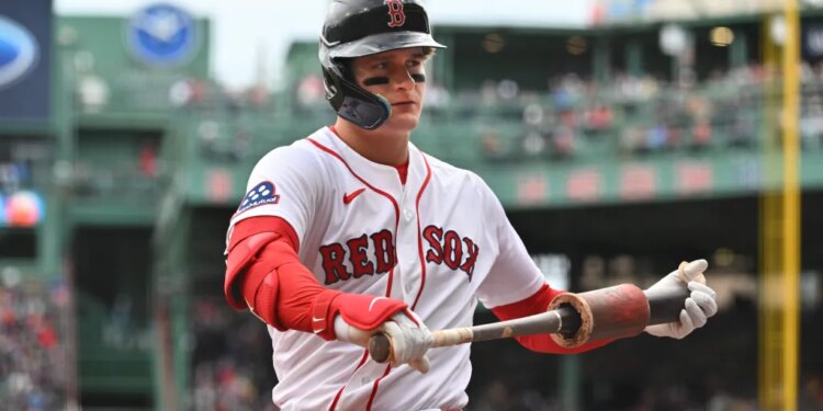 Boston Red Sox designated hitter Roman Anthony (19) warming up before batting against the Houston Astros.