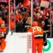 Ducks center Leo Carlsson (l.) celebrates his empty-net goal with Chris Kreider (20) during their Game 6 win over the Oilers on April 30, 2026.
