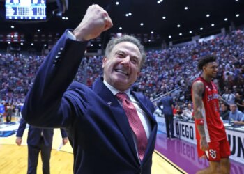 Head coach Rick Pitino celebrates after St. John's second-round win over Kansas in the 2026 NCAA  Tournament.