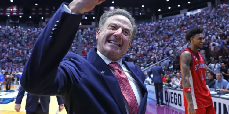 Head coach Rick Pitino celebrates after St. John's second-round win over Kansas in the 2026 NCAA Tournament.