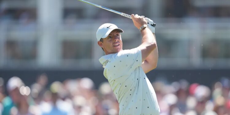 Rory McIlroy hits the ball on the 17th hole during the third round of the PGA Championship golf tournament.