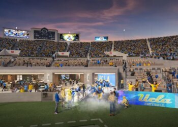 Illustration of the UCLA South End Zone Field Club at a football game.