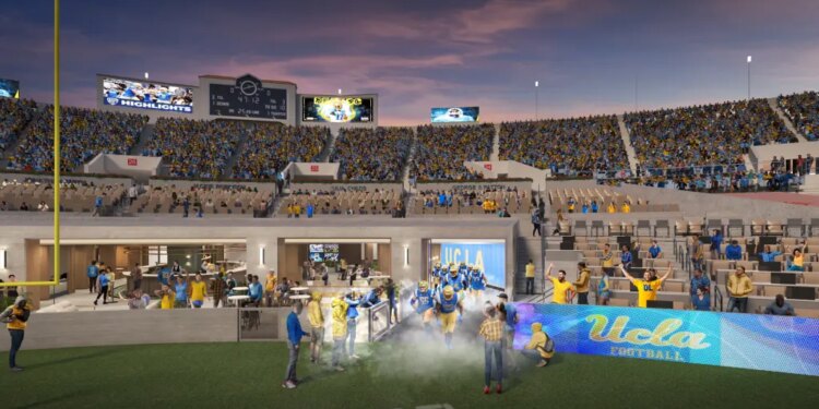 Illustration of the UCLA South End Zone Field Club at a football game.