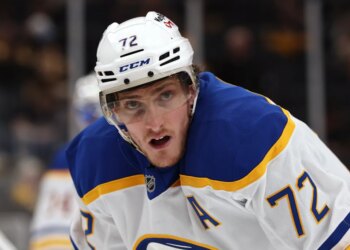 Buffalo Sabres center Tage Thompson (72) on the ice during an NHL game.