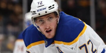 Buffalo Sabres center Tage Thompson (72) on the ice during an NHL game.
