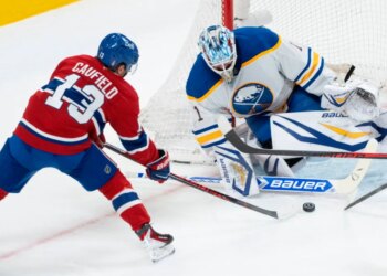 Montreal Canadiens' Cole Caufield scores on Buffalo Sabres goaltender Ukko-Pekka Luukkonen.