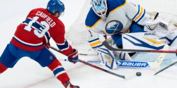 Montreal Canadiens' Cole Caufield scores on Buffalo Sabres goaltender Ukko-Pekka Luukkonen.