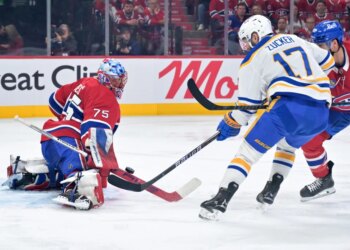 May 12, 2026; Montreal, Quebec, CAN; Montreal Canadiens goalie Jakub Dobes (75) stops Buffalo Sabres forward Jason Zucker (17) during the second period in game four of the second round of the 2026 Stanley Cup Playoffs at Bell Centre. Mandatory Credit: Eric Bolte-Imagn Images