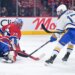 May 12, 2026; Montreal, Quebec, CAN; Montreal Canadiens goalie Jakub Dobes (75) stops Buffalo Sabres forward Jason Zucker (17) during the second period in game four of the second round of the 2026 Stanley Cup Playoffs at Bell Centre. Mandatory Credit: Eric Bolte-Imagn Images