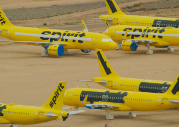 Spirit Airlines jets grounded in a remote airfield in Tucson, Arizona.