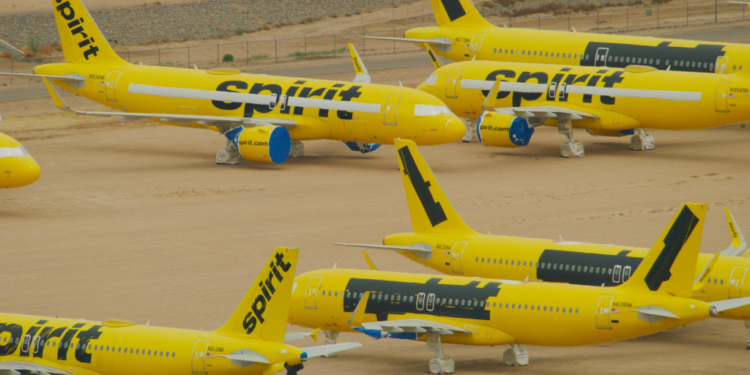 Spirit Airlines jets grounded in a remote airfield in Tucson, Arizona.