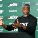 Jets head coach Aaron Glenn speaking to the media.