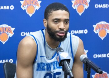 Mikal Bridges talks to reporters during Knicks practice on May 28, 2026 in Tarrytown, N.Y.