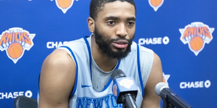 Mikal Bridges talks to reporters during Knicks practice on May 28, 2026 in Tarrytown, N.Y.