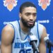 Mikal Bridges talks to reporters during Knicks practice on May 28, 2026 in Tarrytown, N.Y.