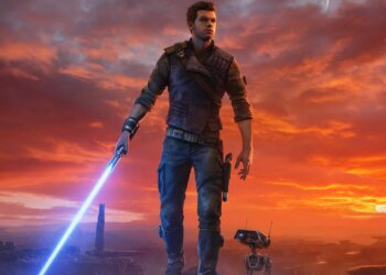 The cover art for Star Wars Jedi: Survivor, showing main character Cal Kestis and his droid, BD-1, in front of a desolate backdrop.