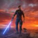 The cover art for Star Wars Jedi: Survivor, showing main character Cal Kestis and his droid, BD-1, in front of a desolate backdrop.