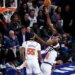 Philadelphia 76ers center Joel Embiid (R) is fouled by New York Knicks center Ariel Hukporti (L) in the first half during the Eastern Conference Semifinals, game one in the first quarter at Madison Square Garden in New York, New York, USA, Monday, May 04, 2026.