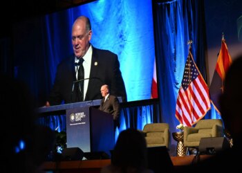 Border Czar Tom Homan delivers the keynote speech at the opening of the Border Security Expo in Phoenix, Arizona on Tuesday, May 5, 2026.