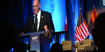 Border Czar Tom Homan delivers the keynote speech at the opening of the Border Security Expo in Phoenix, Arizona on Tuesday, May 5, 2026.