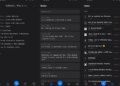 Three screenshots of a productivity app, showing notes, tasks, and events.