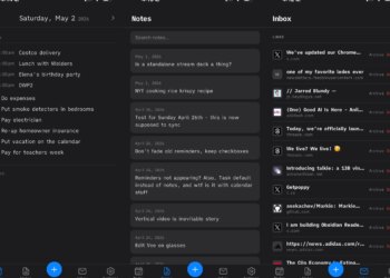Three screenshots of a productivity app, showing notes, tasks, and events.