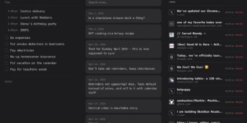 Three screenshots of a productivity app, showing notes, tasks, and events.