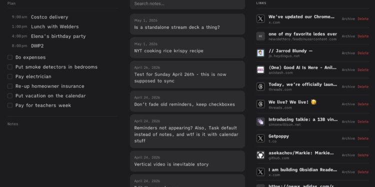 Three screenshots of a productivity app, showing notes, tasks, and events.