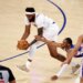 New York Knicks center Mitchell Robinson steals the ball from Philadelphia 76ers guard Tyrese Maxey (C) in the first half during the Eastern Conference Semifinals, game one in the first quarter at Madison Square Garden in New York, New York, USA, Monday, May 04, 2026