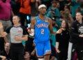 Shai Gilgeous-Alexander reacts during an NBA playoff game.
