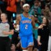 Shai Gilgeous-Alexander reacts during an NBA playoff game.