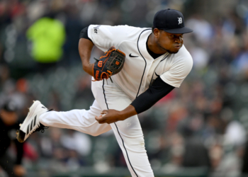Tigers starting pitcher Framber Valdez (59) throws a pitch against the Boston Red Sox in the first inning at Comerica Park.